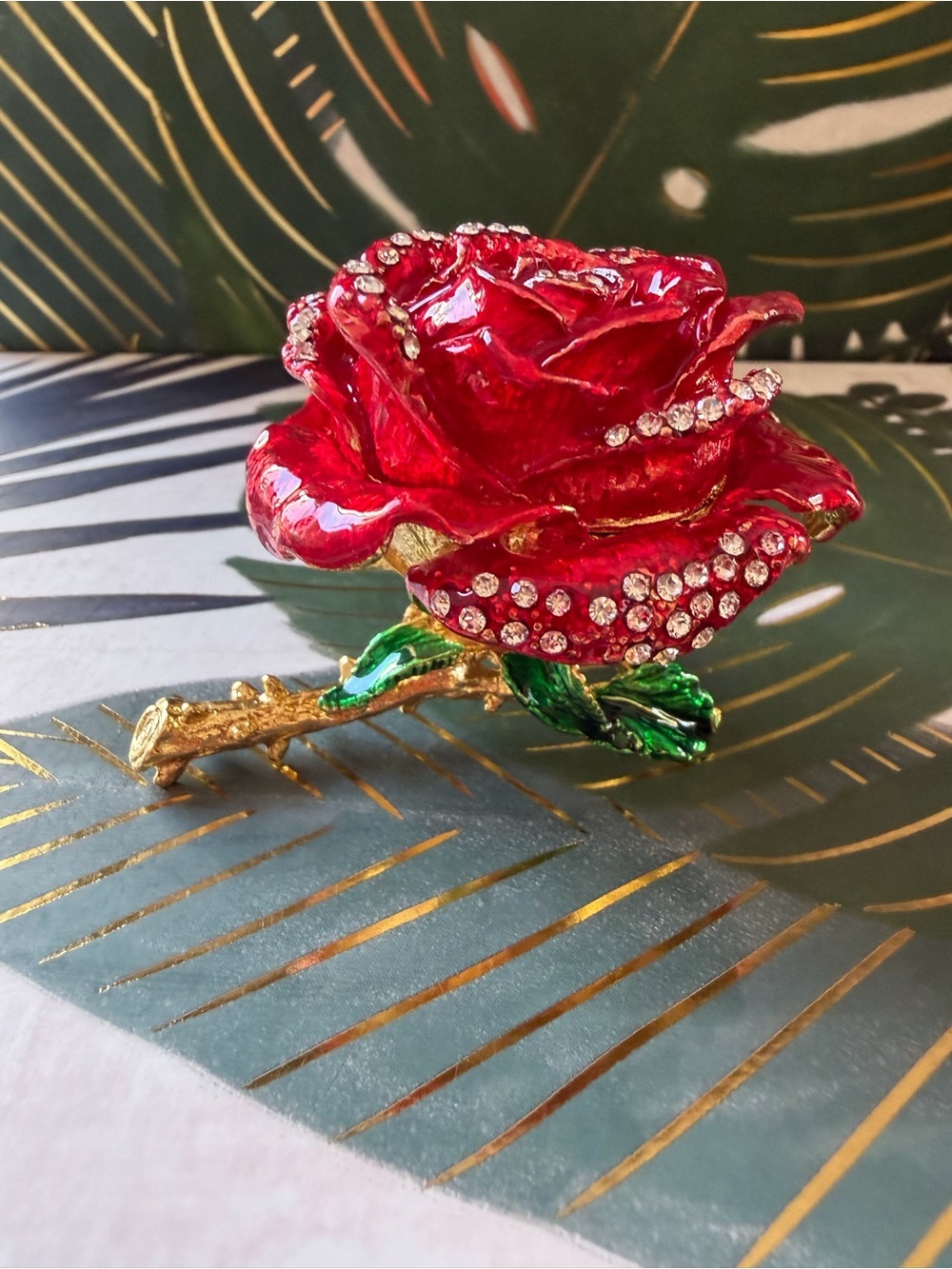 Red Rose Enamel Rhinestone Trinket Box Tchotchke NIB
